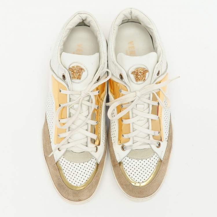 Pre Owned Versace White/Beige Leather and Suede Medusa Low Top Sneakers 43