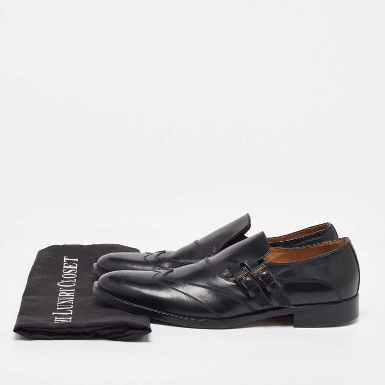 Pre Owned Versace Black Leather Mortimer Double Monk Strap Loafers Size 41