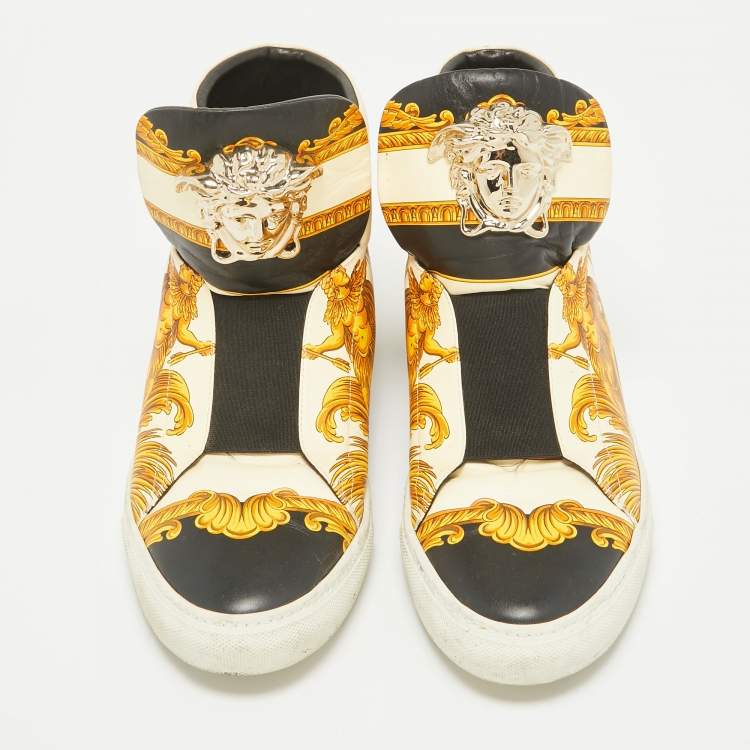 Pre Owned Versace Cream/Black Leather Medusa High Top Sneakers Size 45