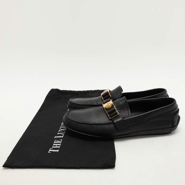 Pre Owned Versace Black Leather Medusa Loafers Size 43