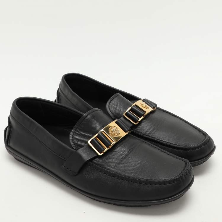 Pre Owned Versace Black Leather Medusa Loafers Size 43