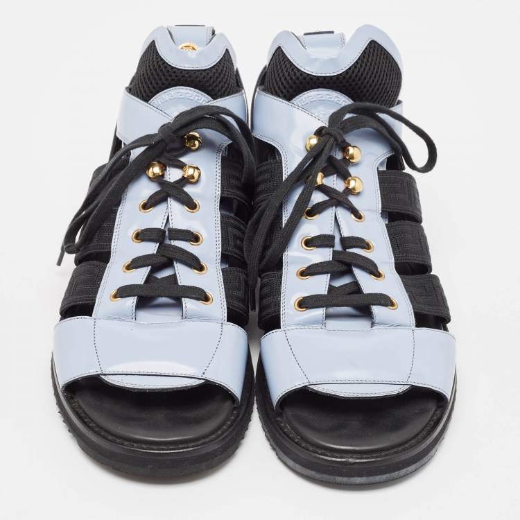 Pre Owned Versace Blue/Black Leather Lace Up Flat Sandals Size 42
