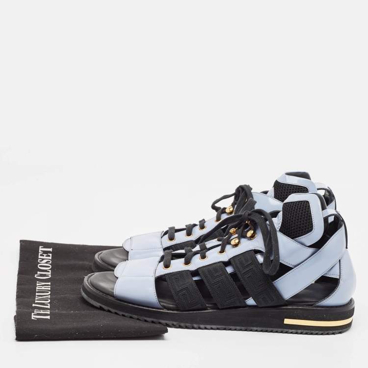 Pre Owned Versace Blue/Black Leather Lace Up Flat Sandals Size 42