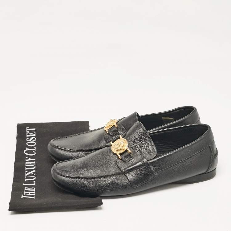 Pre Owned Versace Black Leather Medusa Buckle Loafers Size 43