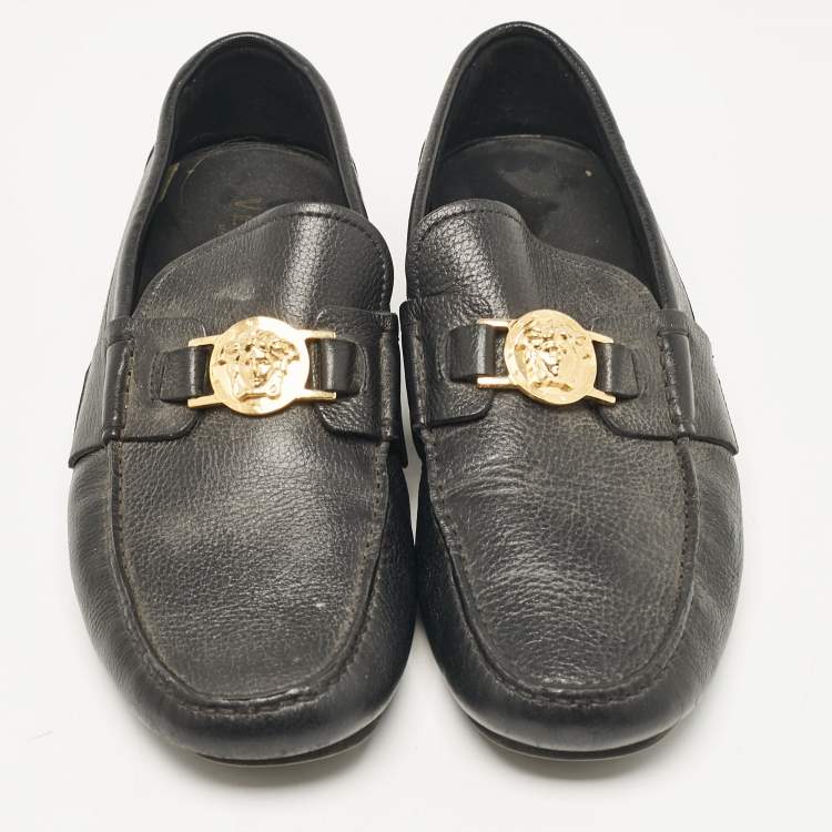 Pre Owned Versace Black Leather Medusa Buckle Loafers Size 43