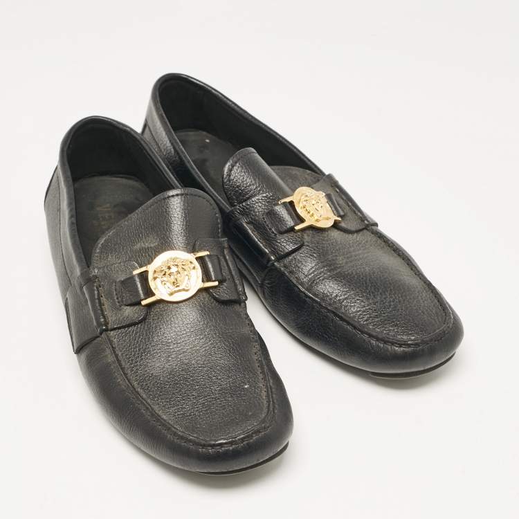 Pre Owned Versace Black Leather Medusa Buckle Loafers Size 43
