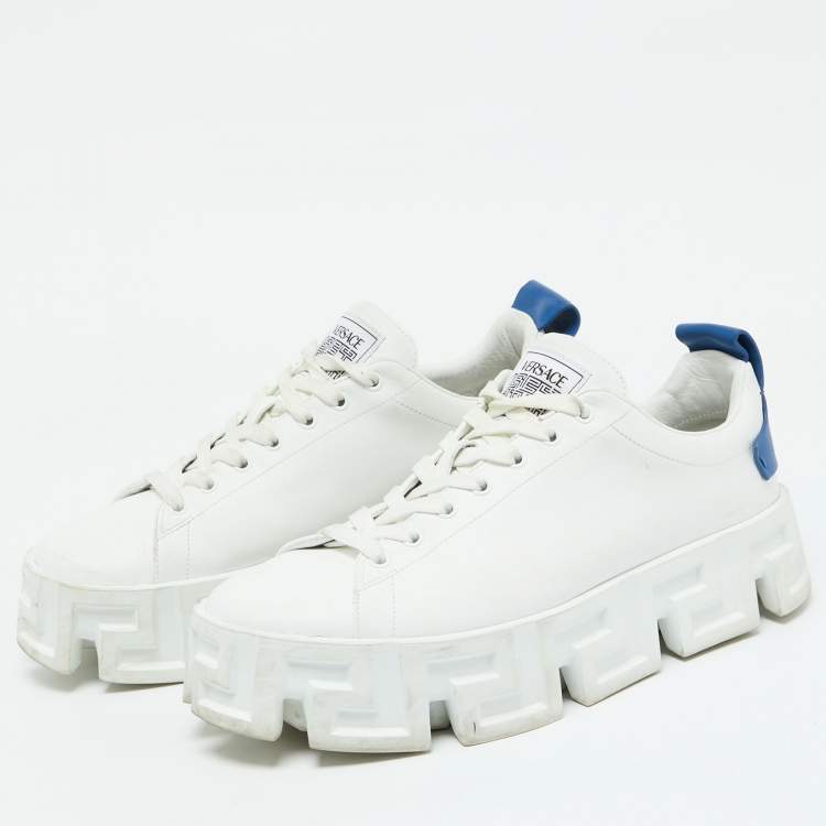 Pre Owned Versace White/Blue Leather Greca Labyrinth Platform Sneakers Size 44