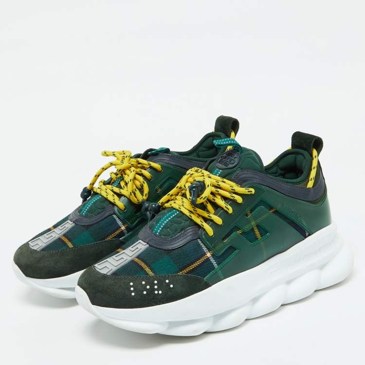 Pre Owned Versace Green Suede and Check Canvas Chain Reaction Sneakers Size 44