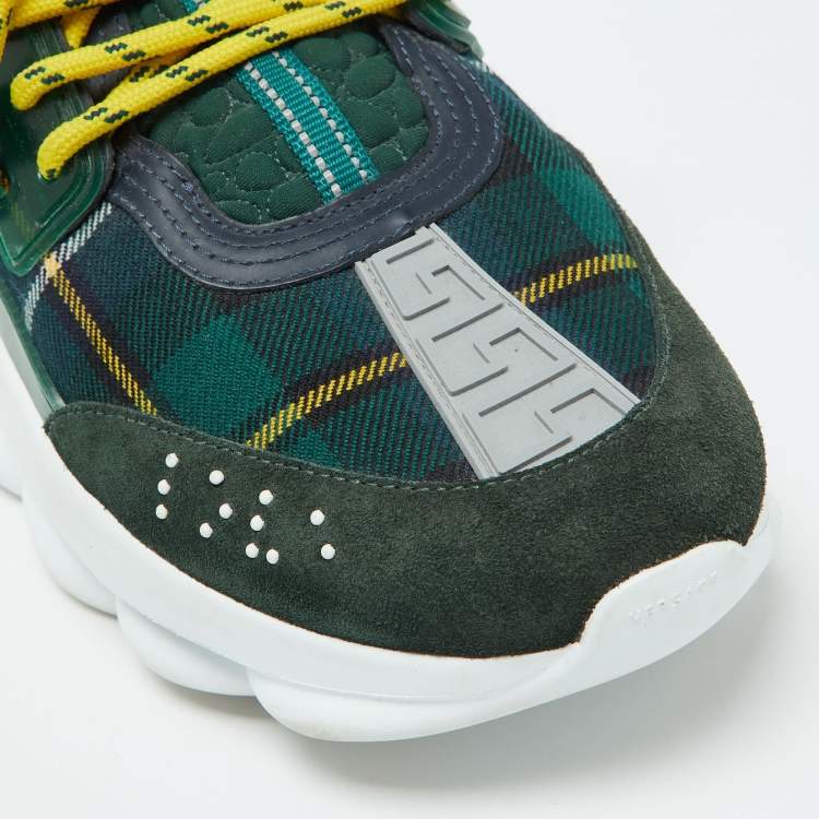 Pre Owned Versace Green Suede and Check Canvas Chain Reaction Sneakers Size 44