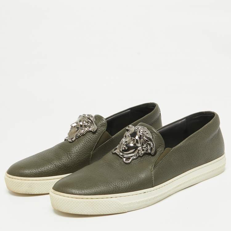 Pre Owned Versace Olive Green Leather  Medusa Slip On Sneakers Size 43