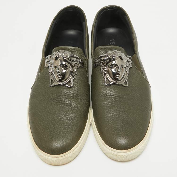 Pre Owned Versace Olive Green Leather  Medusa Slip On Sneakers Size 43
