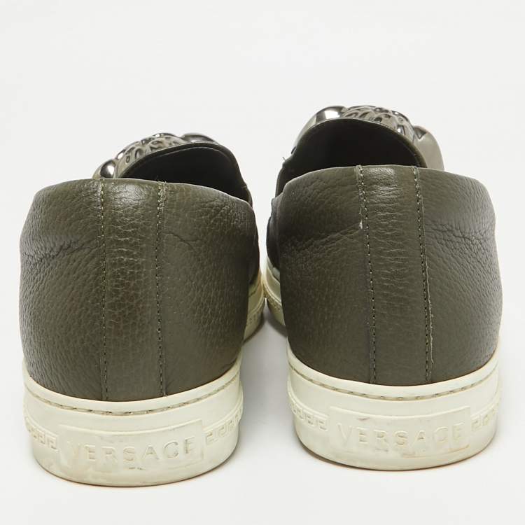 Pre Owned Versace Olive Green Leather  Medusa Slip On Sneakers Size 43