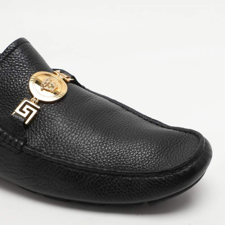Pre Owned Versace Black Leather Medusa Detail Slip On Loafers Size 44