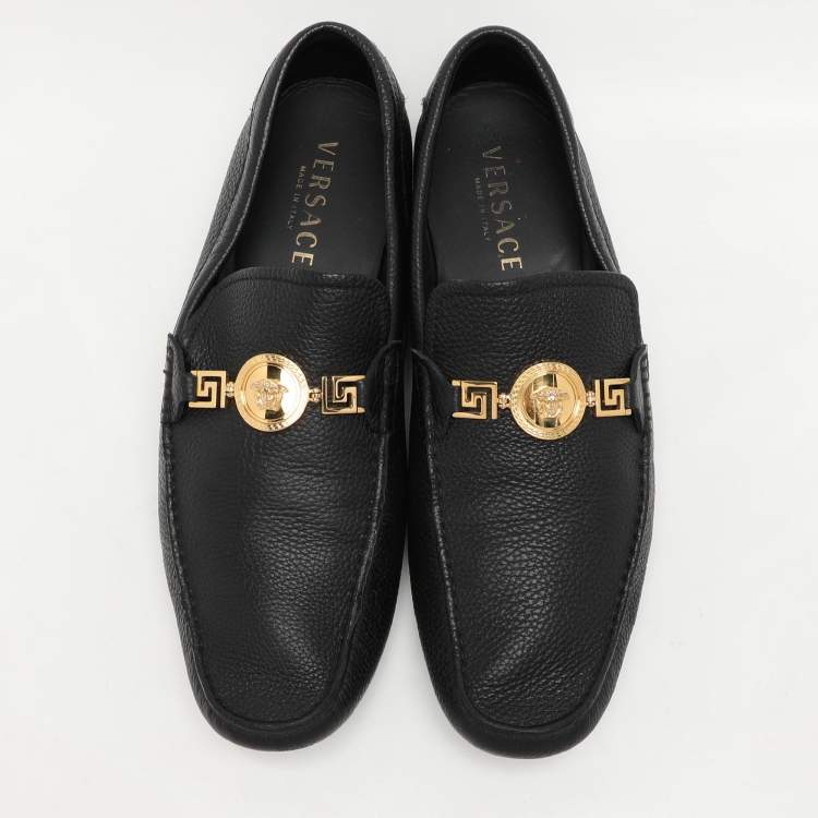 Pre Owned Versace Black Leather Medusa Detail Slip On Loafers Size 44