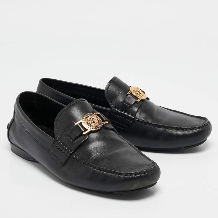 Pre Owned Versace Black Leather Medusa Loafers Size 44