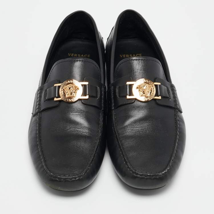 Pre Owned Versace Black Leather Medusa Loafers Size 44