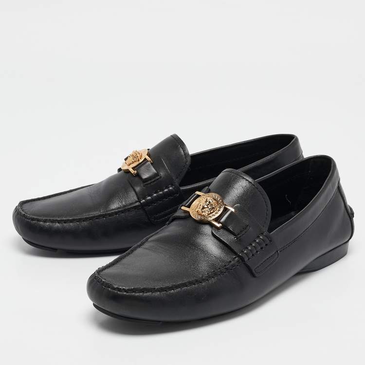 Pre Owned Versace Black Leather Medusa Loafers Size 44