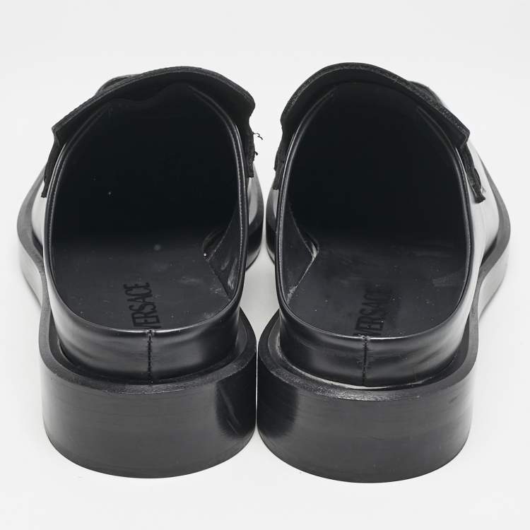 Pre Owned Versace Black Leather Squared Toe Loafer Mules Size 45