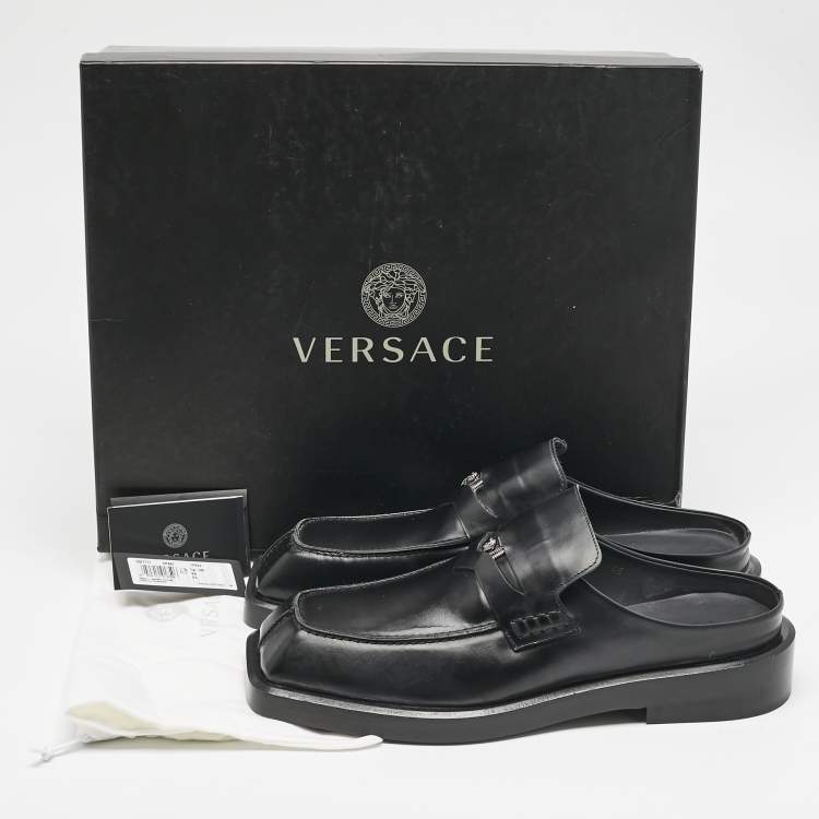 Pre Owned Versace Black Leather Squared Toe Loafer Mules Size 45