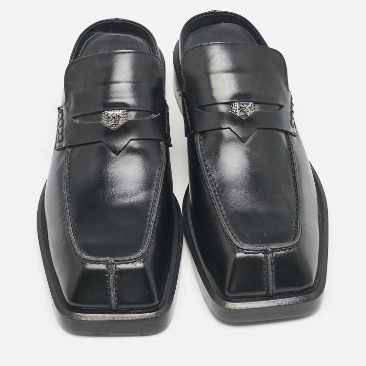 Pre Owned Versace Black Leather Squared Toe Loafer Mules Size 45