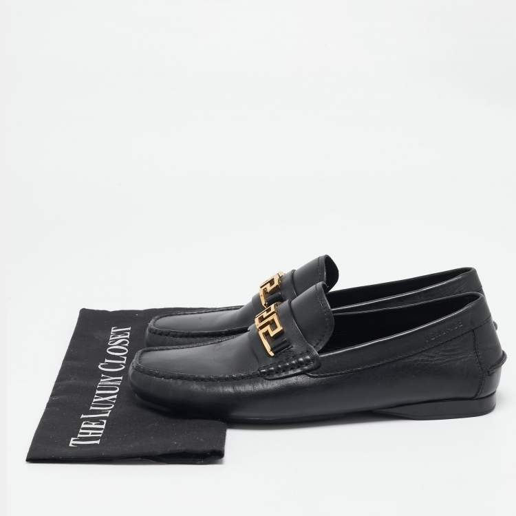 Pre Owned Versace Black Leather Greca Slip On Loafers Size 42