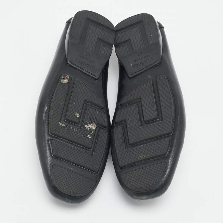 Pre Owned Versace Black Leather Greca Slip On Loafers Size 42