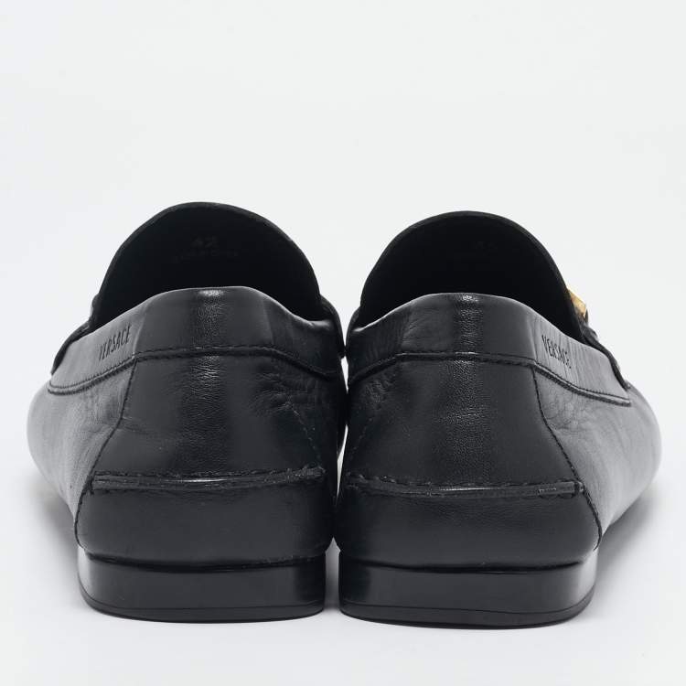 Pre Owned Versace Black Leather Greca Slip On Loafers Size 42