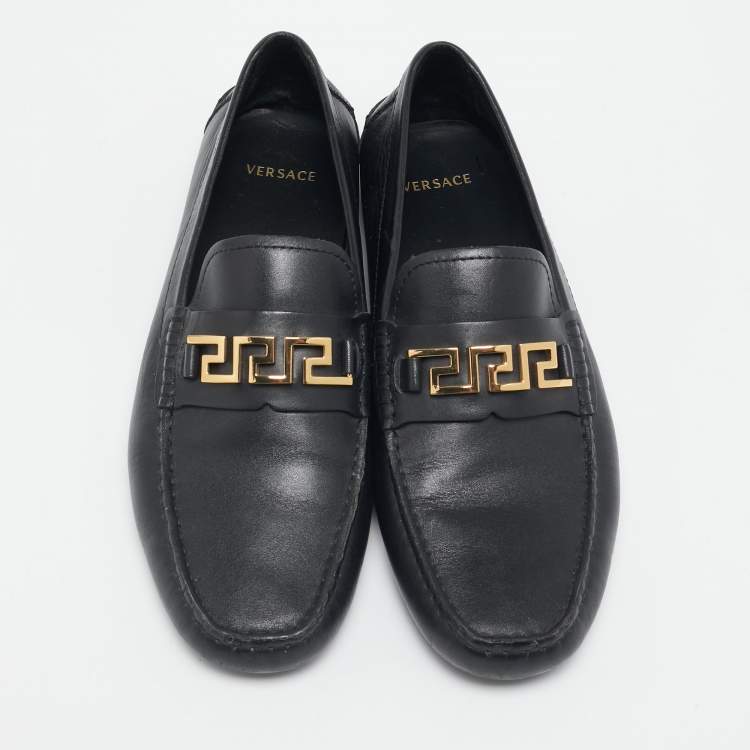Pre Owned Versace Black Leather Greca Slip On Loafers Size 42