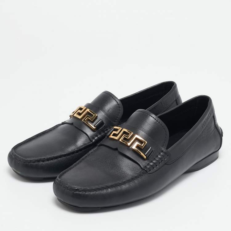 Pre Owned Versace Black Leather Greca Slip On Loafers Size 42