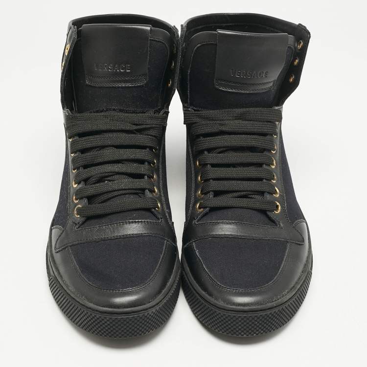 Pre Owned Versace Black Canvas and Leather Medusa High Top Sneakers Size 42