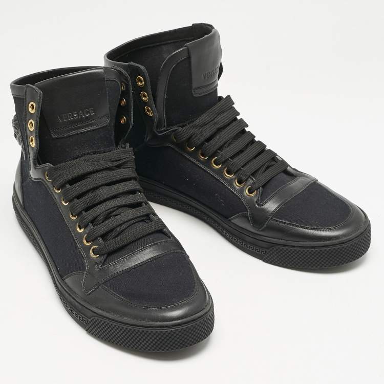 Pre Owned Versace Black Canvas and Leather Medusa High Top Sneakers Size 42