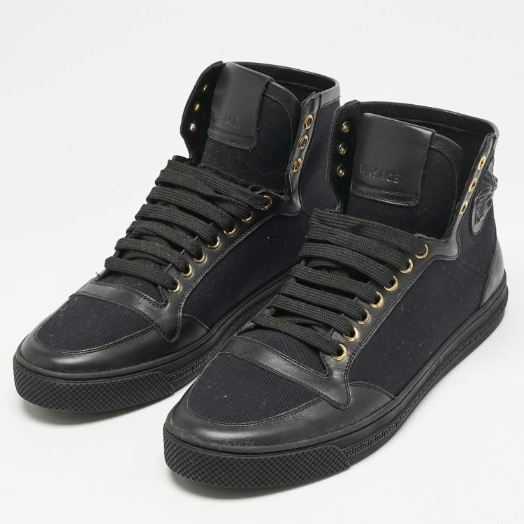Pre Owned Versace Black Canvas and Leather Medusa High Top Sneakers Size 42
