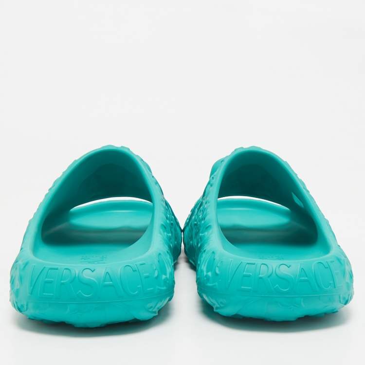 Pre Owned Versace Turquoise Blue Baroque Medusa Embossed Rubber Pool Slides Size 46