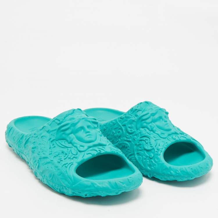 Pre Owned Versace Turquoise Blue Baroque Medusa Embossed Rubber Pool Slides Size 46
