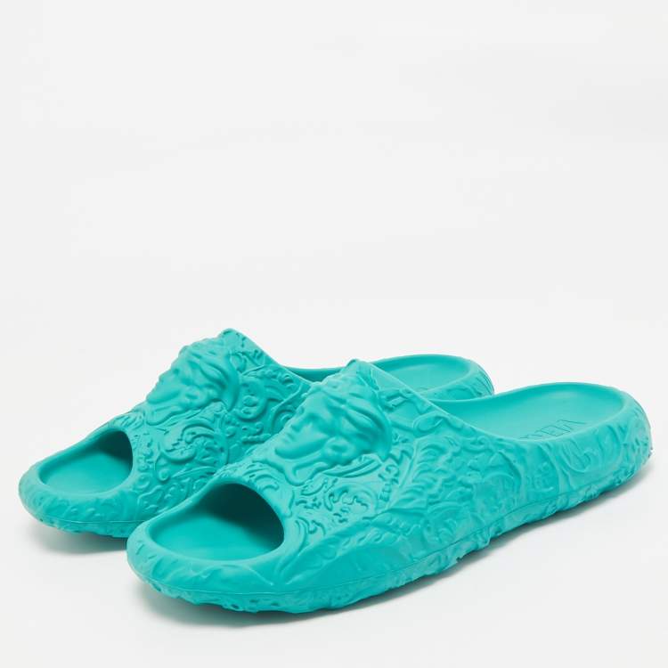Pre Owned Versace Turquoise Blue Baroque Medusa Embossed Rubber Pool Slides Size 46