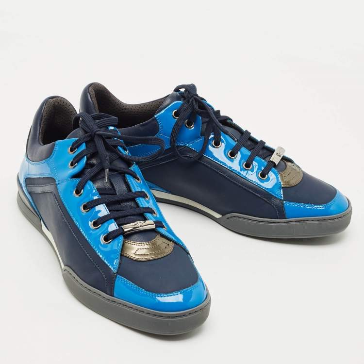 Pre Owned Versace Blue/Navy Blue Leather and Patent Medusa Low Top Sneakers Size 41