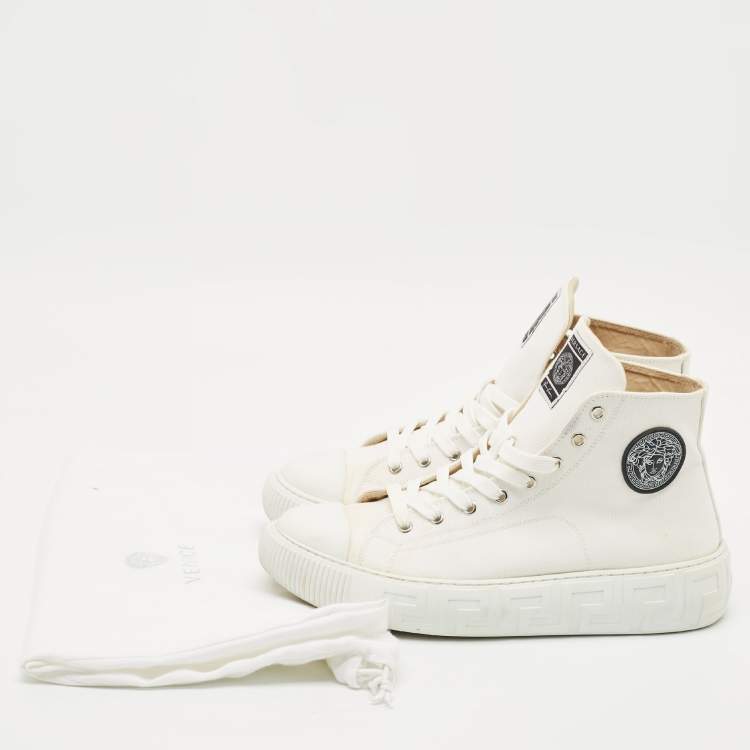 Pre Owned Versace White Canvas Greca Medusa Logo Patch High Top Sneakers Size 42