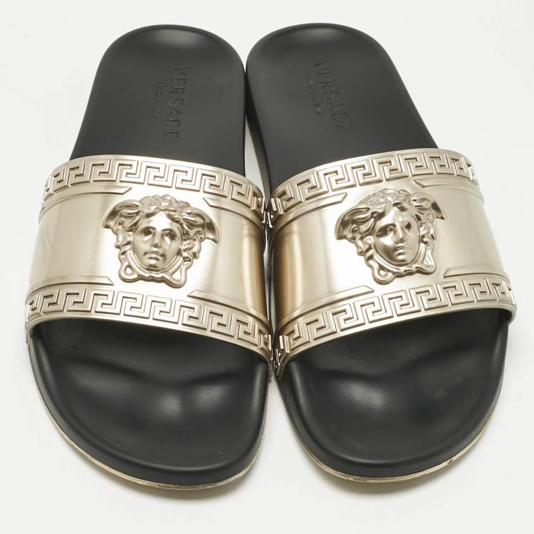 Pre Owned Versace Gold Rubber Medusa Pool Slides Size 45