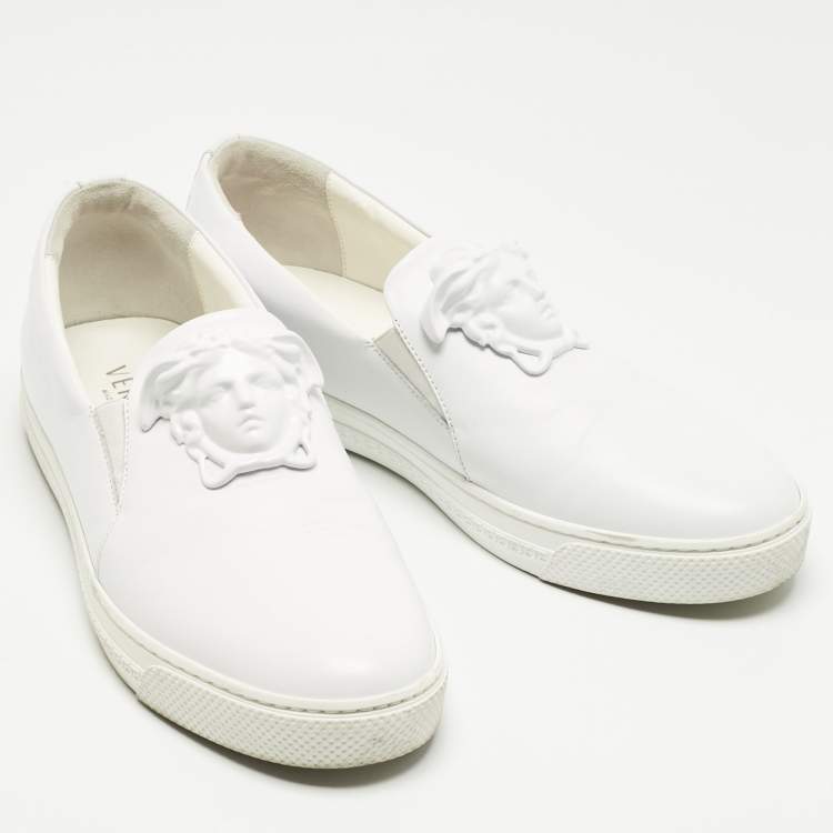 Pre Owned Versace White Leather Palazzo Medusa Slip On Sneakers Size 43