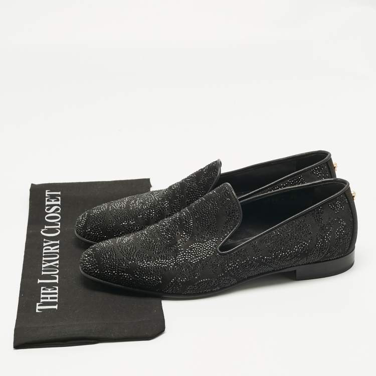 Pre Owned Versace Black Crystals and Satin Medusa Logo Smoking Slippers Size 42