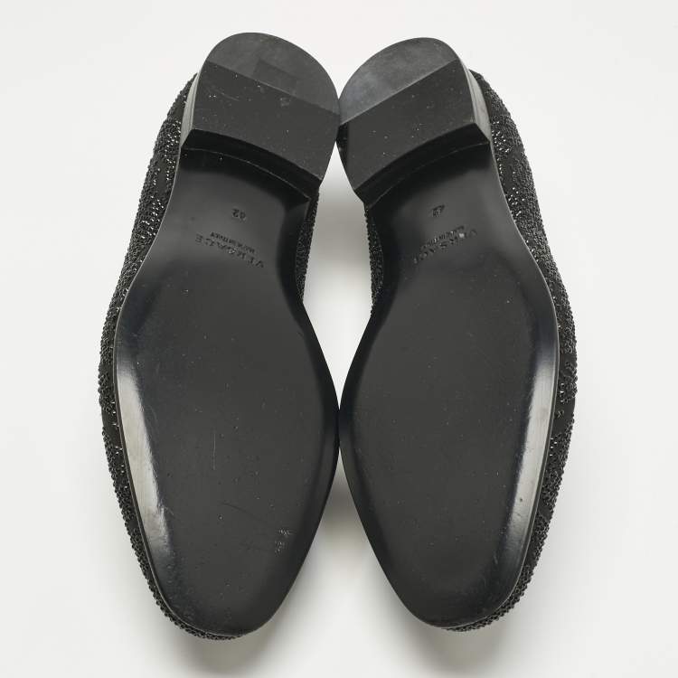 Pre Owned Versace Black Crystals and Satin Medusa Logo Smoking Slippers Size 42