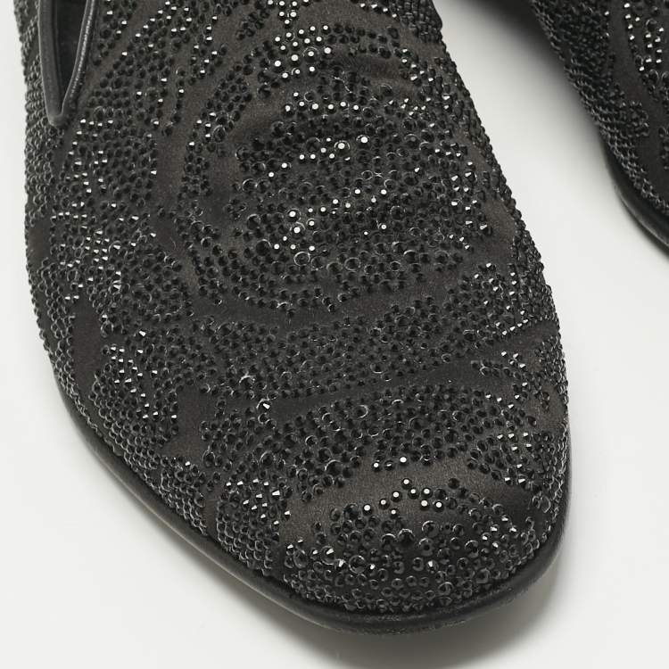 Pre Owned Versace Black Crystals and Satin Medusa Logo Smoking Slippers Size 42