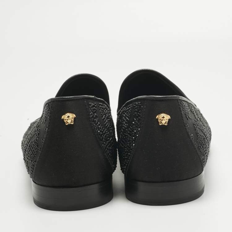Pre Owned Versace Black Crystals and Satin Medusa Logo Smoking Slippers Size 42