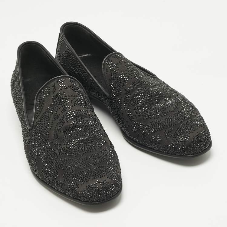 Pre Owned Versace Black Crystals and Satin Medusa Logo Smoking Slippers Size 42