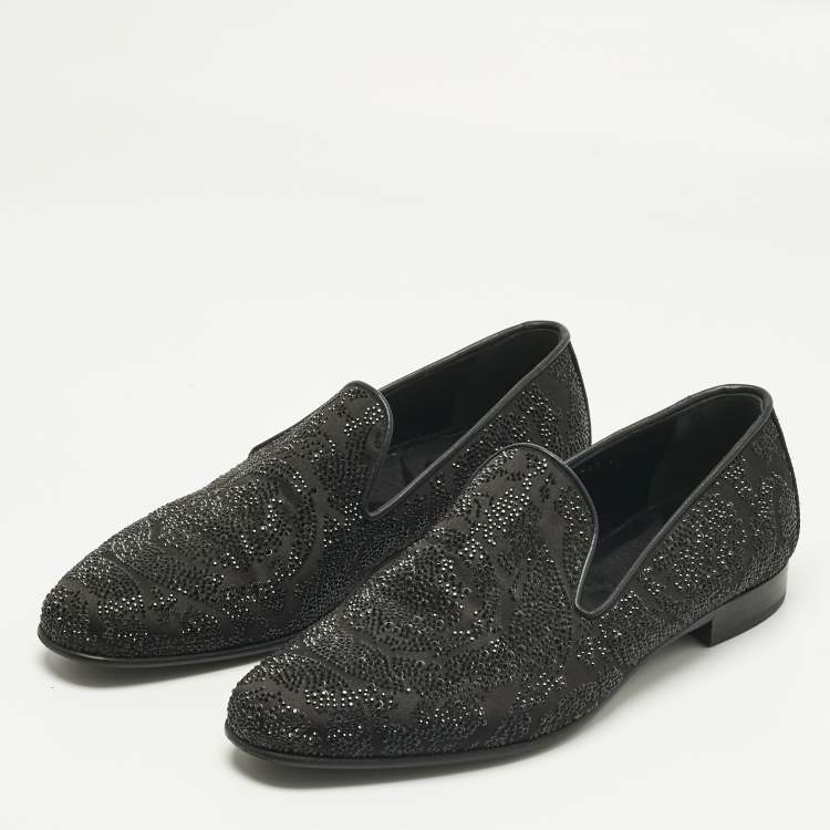 Pre Owned Versace Black Crystals and Satin Medusa Logo Smoking Slippers Size 42