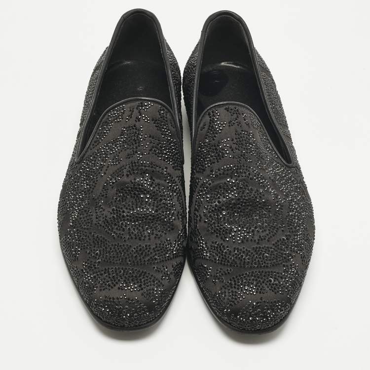 Pre Owned Versace Black Crystals and Satin Medusa Logo Smoking Slippers Size 42