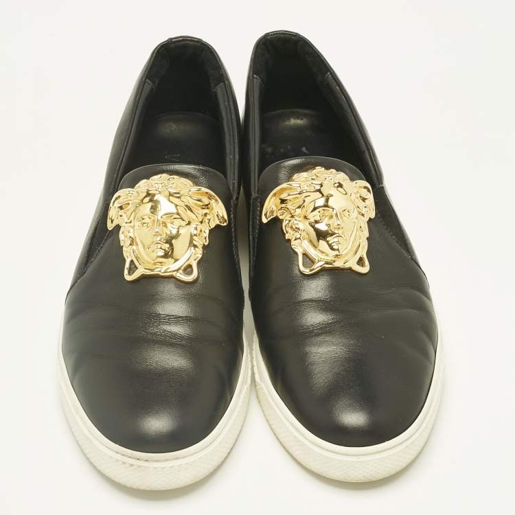 Pre Owned Versace Black Leather Medusa Slip On Sneakers Size 43