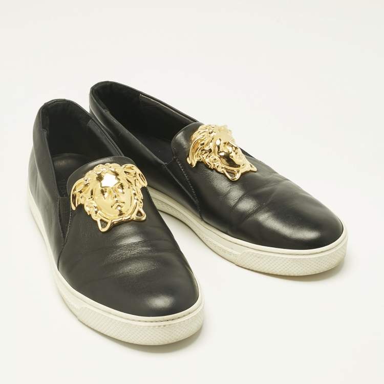 Pre Owned Versace Black Leather Medusa Slip On Sneakers Size 43