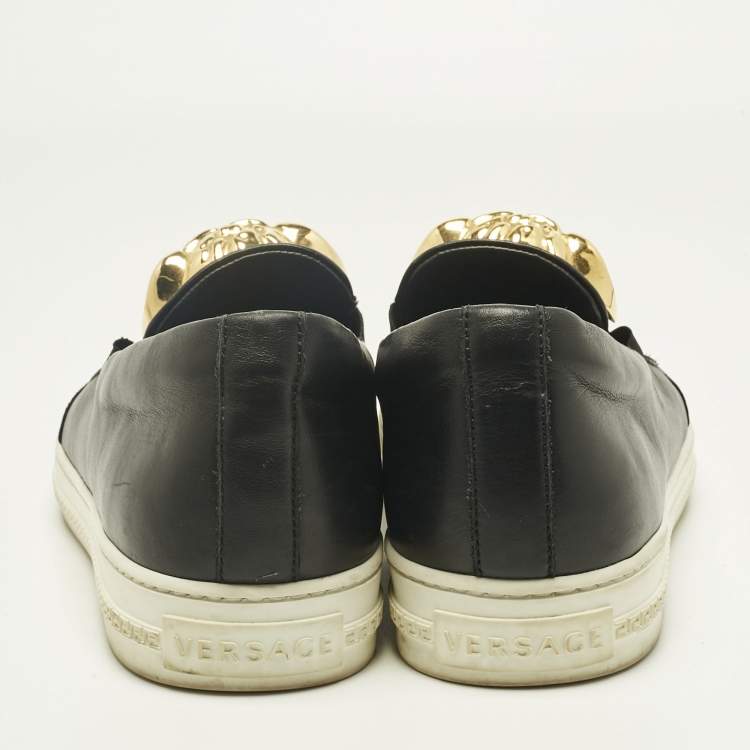 Pre Owned Versace Black Leather Medusa Slip On Sneakers Size 43