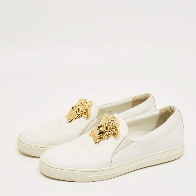Pre Owned Versace White Leather Palazzo Medusa Slip On Sneakers Size 43